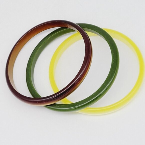 Set of 3 Pearlized Acrylic Bangle Bracelets 8" Neutrals Brown Green Yellow EUC - Picture 5 of 5